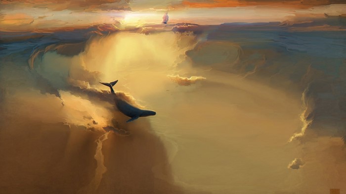Whale and sailing ship in fantasy clouds