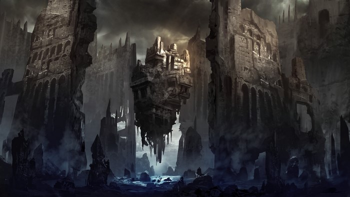 Fantasy art of a ruined floating island and ancient structures