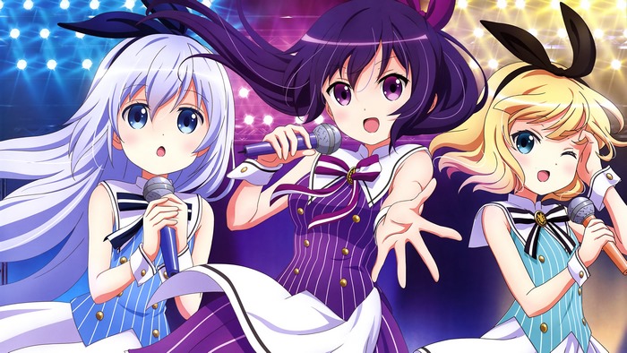 Chino, Rize, and Sharo singing on stage