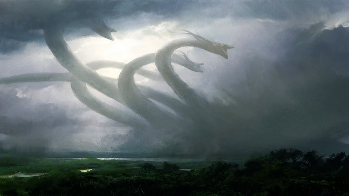 Three-headed dragon emerging from storm clouds over landscape
