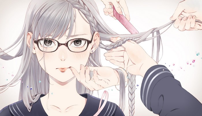 Anime girl with glasses getting her hair braided