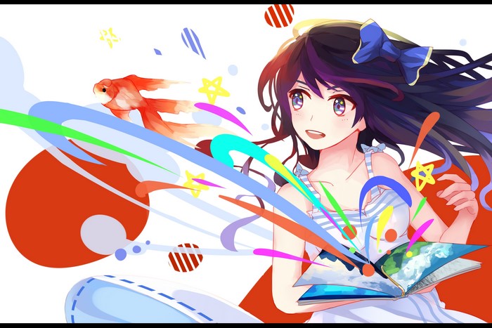 Anime girl with goldfish and book