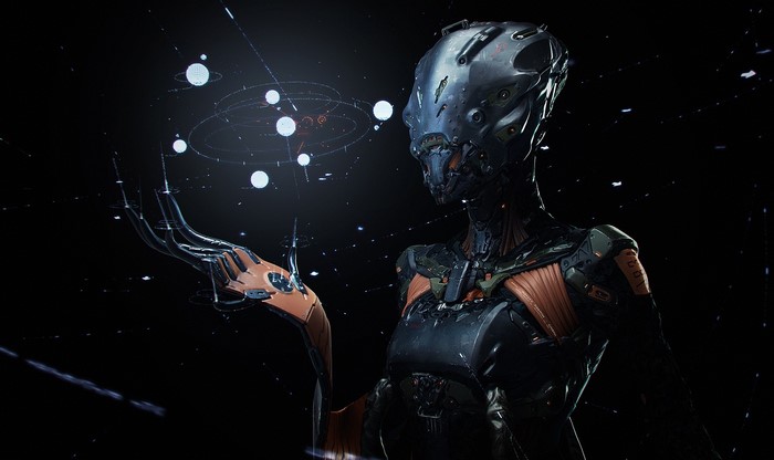 Futuristic cyborg alien holding a solar system model