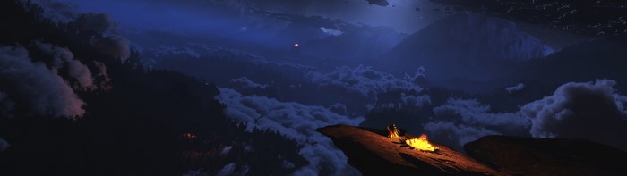 Fantasy art of a campfire on a cliff above clouds
