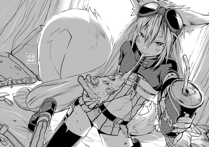 Kitsunemimi girl eating pizza and drinking soda