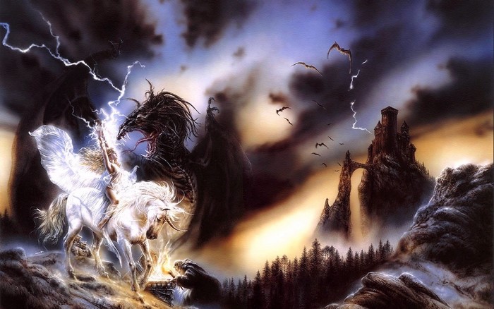 Fantasy art of a woman on a unicorn fighting a dragon