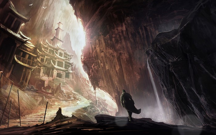 Fantasy mountain temple with a lone traveler and waterfall