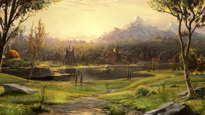 Fantasy landscape with mountains, lake, and buildings