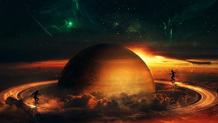 Fantasy space art with planet, rings, and unicyclists