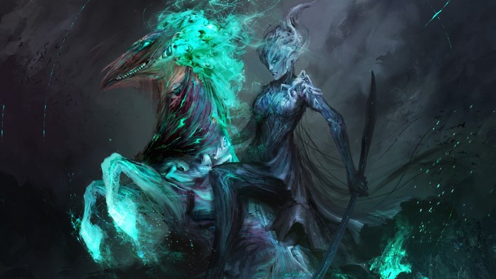 Fantasy art of a warrior riding a spectral horse