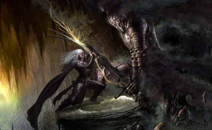 Drizzt Do'Urden fighting a giant in Dungeons & Dragons