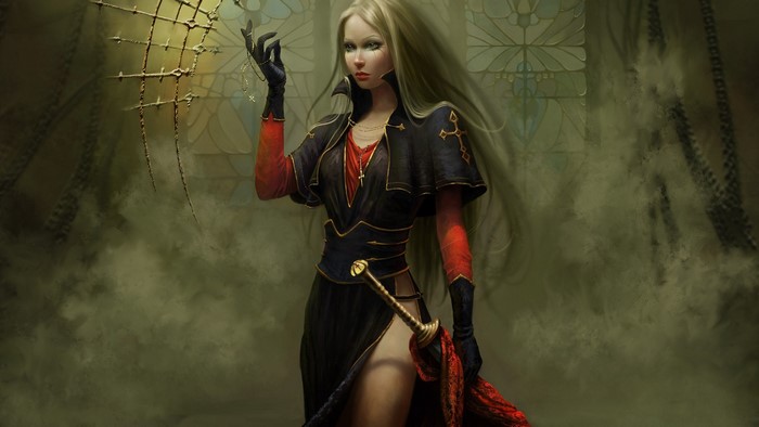 Fantasy warrior woman with sword and blonde hair