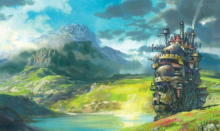 Howl's Moving Castle in a Mountain Landscape
