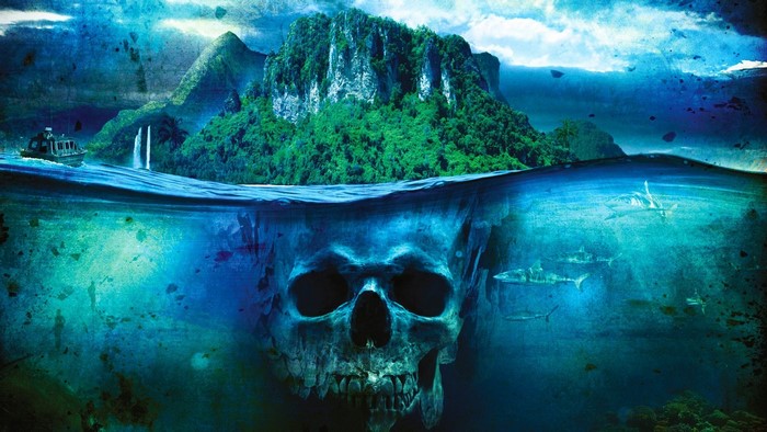 Skull and sharks underwater near island with boat