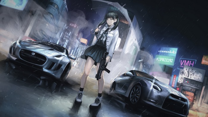 Anime girl with gun and cars in rainy city