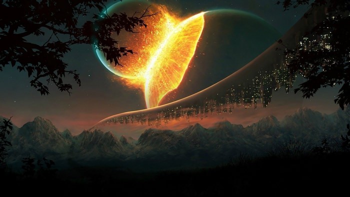 Exploding planet with city on ring above mountains