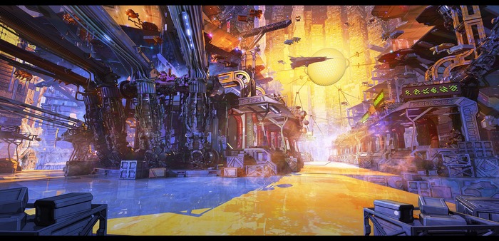 Futuristic city with flying vehicles and industrial structures