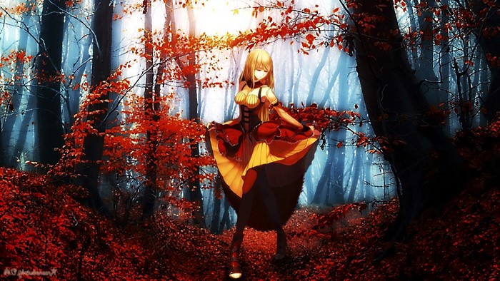 Anime girl in red and yellow dress in autumn forest