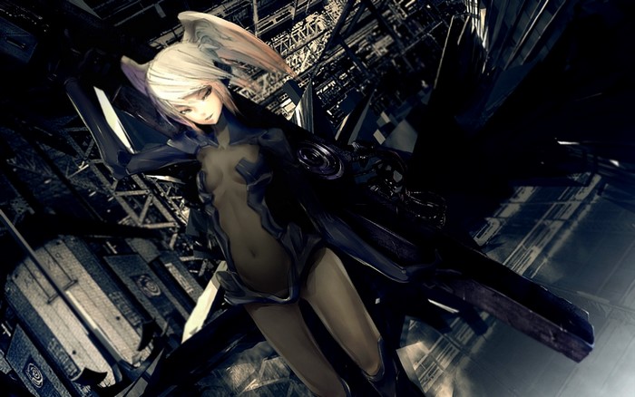 Anime girl with wings and weapon in futuristic city