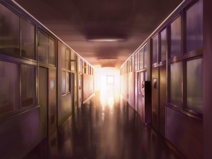 Anime school hallway with sunlight
