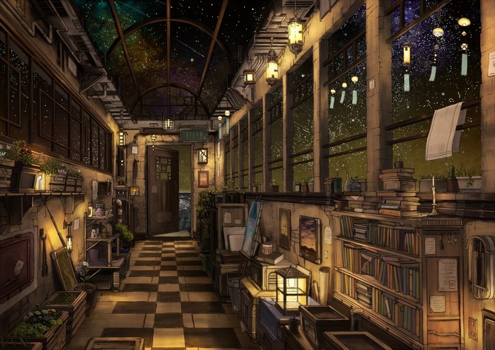 Fantasy art of a room with books and a starry sky ceiling