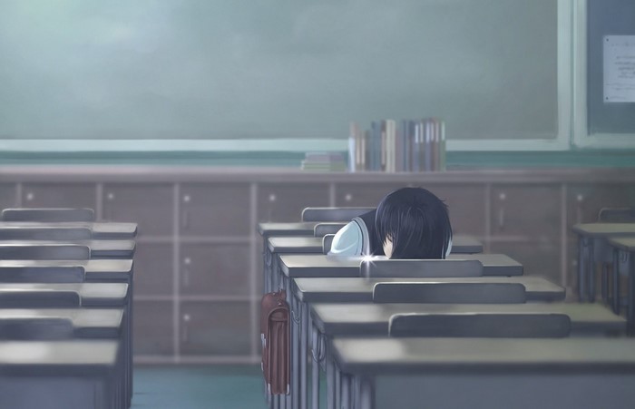 Anime girl sleeping at a desk in a classroom