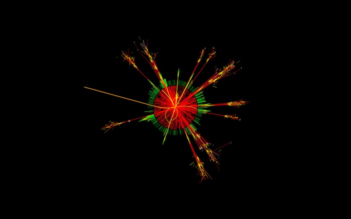 Particle collision visualization with red and green lines