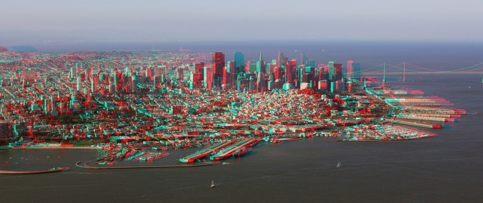 San Francisco cityscape with bay and bridge anaglyph 3D