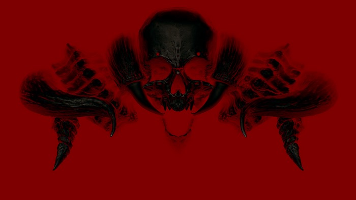 Dark Skull with Horns and Daggers on Red Background