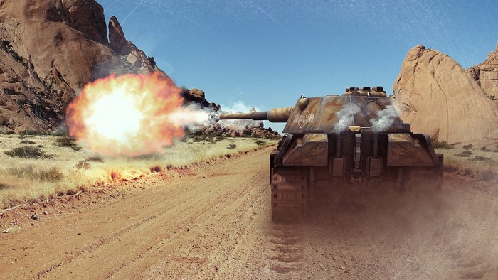 Panther II tank firing in a desert landscape