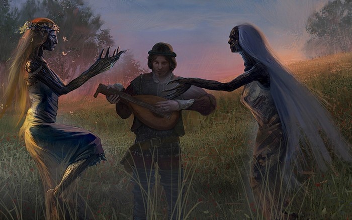 The Witcher artwork: Leshen and bard in a field