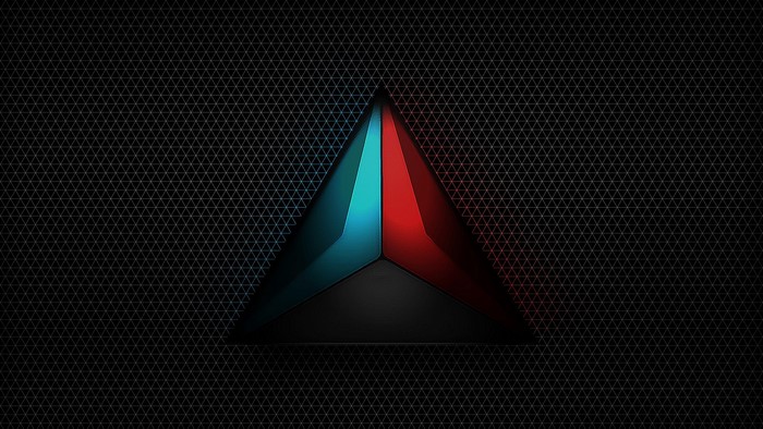 Minimalist triangle logo with red and blue accents on a grid pattern