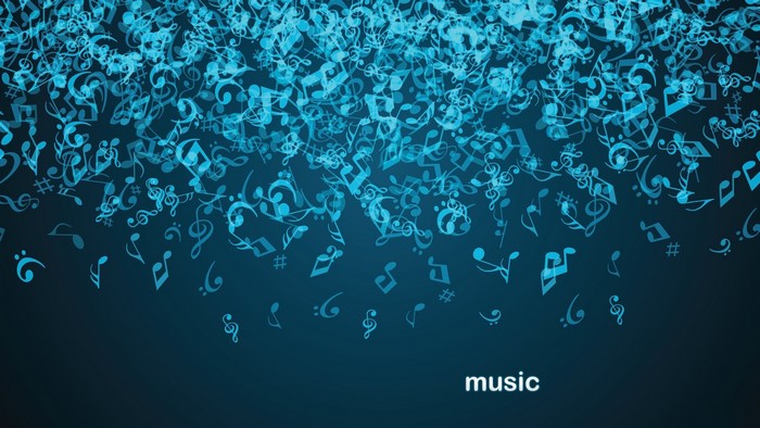 Blue musical notes falling on a dark background