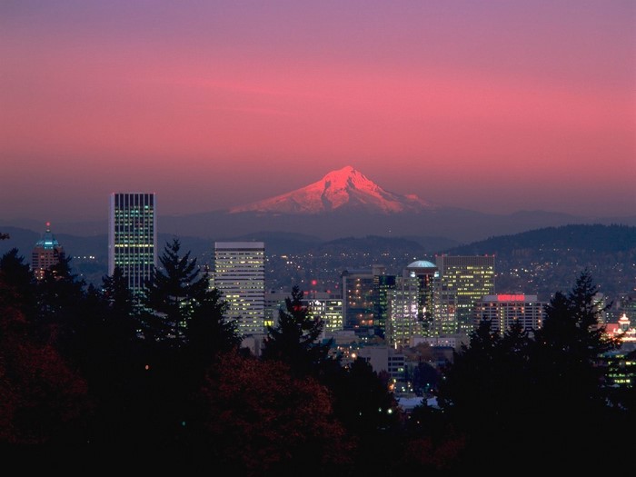 Portland skyline with Mount Hood at sunset