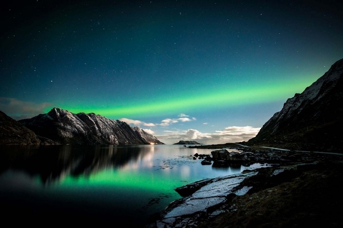 Aurora Borealis over Mountains and Fjord