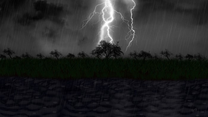 Lightning strikes a tree during a rain storm