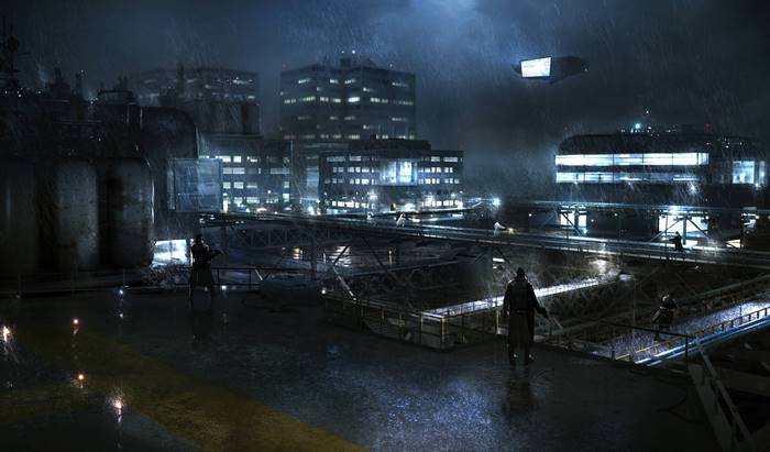 Futuristic city at night in the rain with flying vehicle