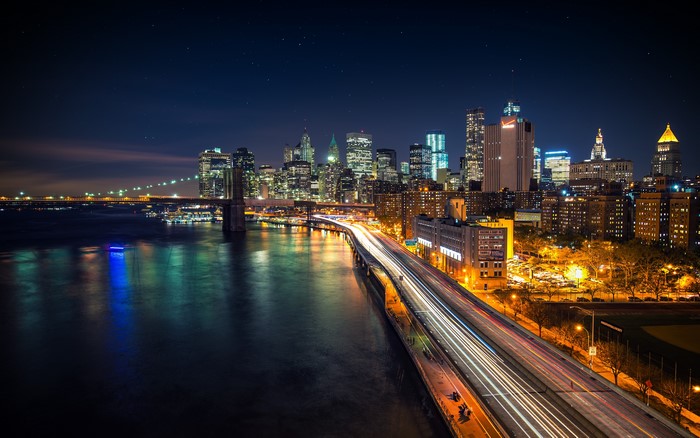 New York City Skyline at Night with Brooklyn Bridge