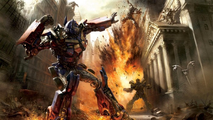 Optimus Prime fighting in a city