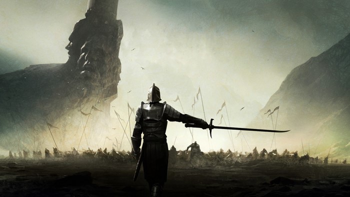 Knight with sword facing armies before a stone giant