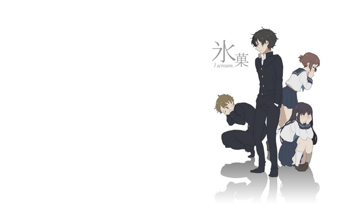 Hyouka anime characters with Japanese text