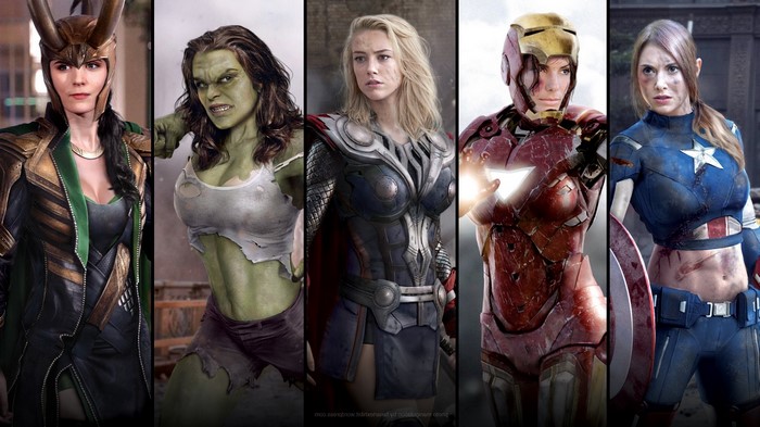 Female Avengers: Loki, Hulk, Thor, Iron Man, Captain America