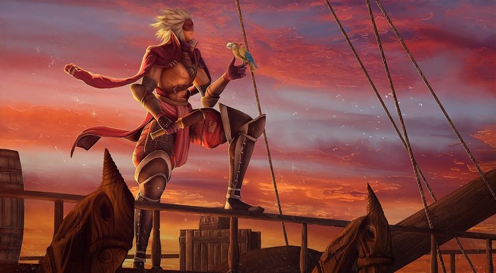 Fantasy pirate with parrot on a ship at sunset