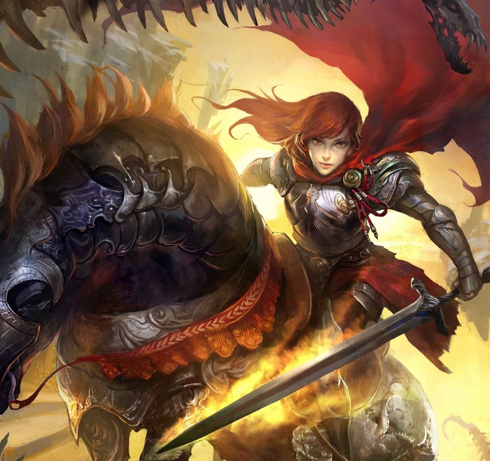 Warrior on horseback with sword and red cape