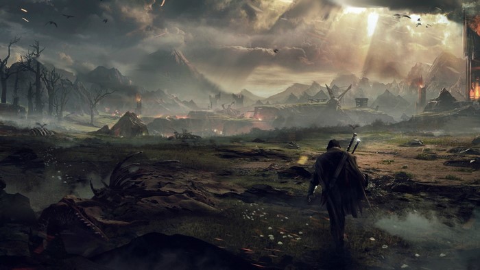 Warrior in a desolate fantasy landscape