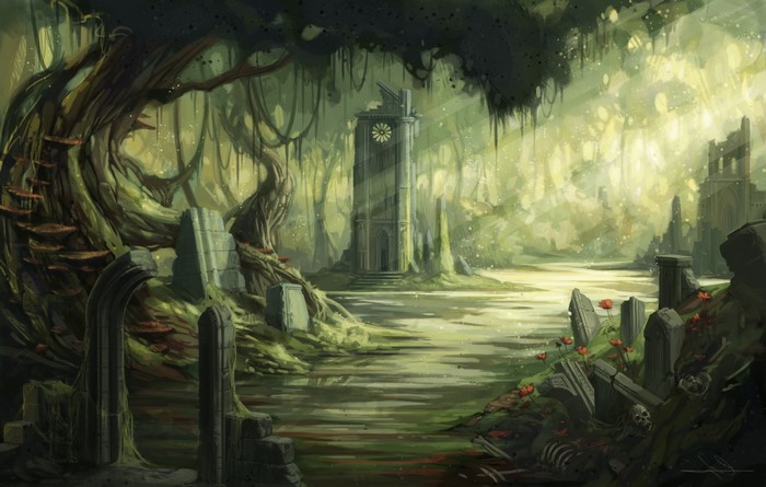 Ruined forest with a clock tower and sunlight