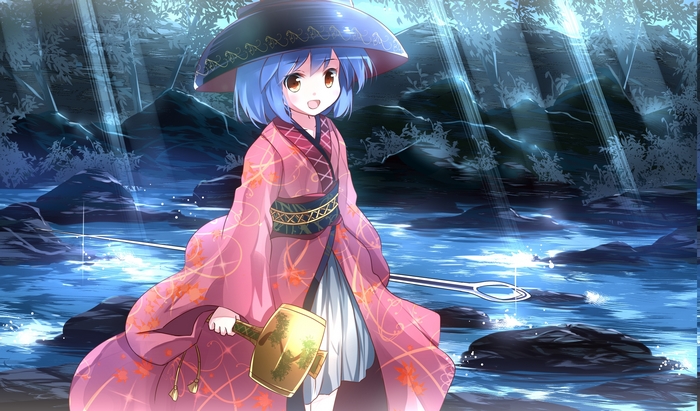 Anime girl in yukata by a stream
