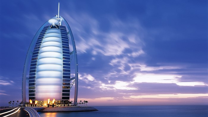 Burj Al Arab hotel in Dubai at dusk