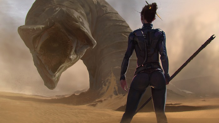 Female soldier facing a sandworm in Dune