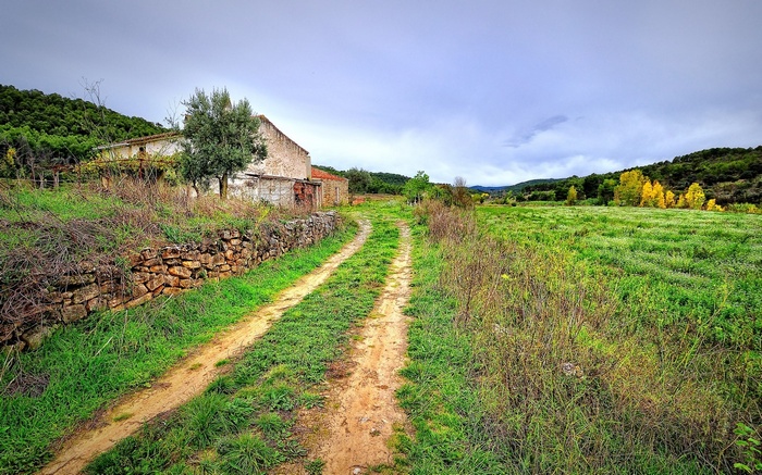 Dirt road leading to an old farmhouse with a stone wall